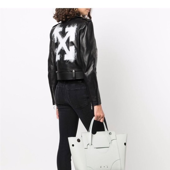 Off White Leather Biker Jacket arrows motif - Picture 3 of 9